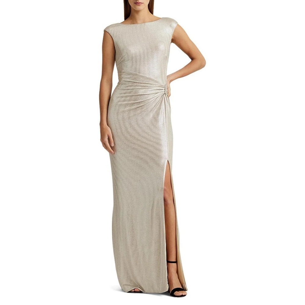 Lauren Ralph Lauren Women's Metallic Boat Neck Sleeveless Evening Gown Size 12